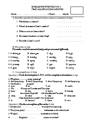 Đề kiểm tra 1 tiết lần 2 môn Tiếng Anh Lớp 6 (Chương trình thí điểm) - Trường THCS Lê Hồng Phong
